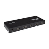 AV:Link HDMI 2.0 4K splitter with one input and four gold-plated HDMI outputs in a black metal chassis with DC 5V power port, on white.