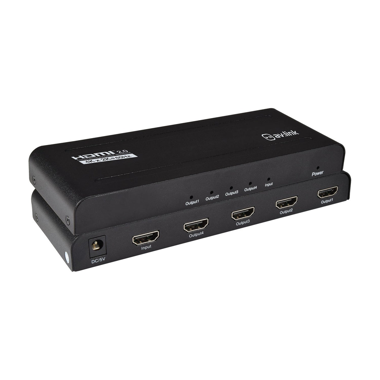AV:Link HDMI 2.0 4K splitter in black metal casing showing input and four output ports, power socket and indicator LEDs on a white background.