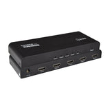 AV:Link HDMI 2.0 4K splitter in black metal casing showing input and four output ports, power socket and indicator LEDs on a white background.