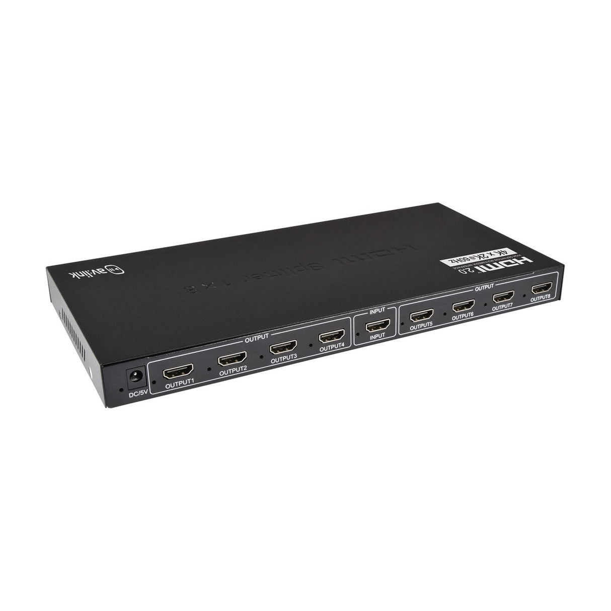 AV:Link HDMI 2.0 1x8 splitter in black metal casing with one HDMI input, eight HDMI outputs, and DC 5V power port, shown on a white background.