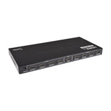 AV:Link HDMI 2.0 1x8 splitter in black metal casing with one HDMI input, eight HDMI outputs, and DC 5V power port, shown on a white background.