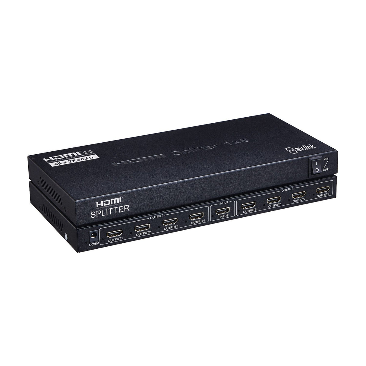 AV:Link HDMI 2.0 1x8 Splitter shown from top and front, black metal chassis with eight HDMI outputs, one input, DC 5V port and on/off switch.