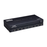 AV:Link HDMI 2.0 1x8 Splitter shown from top and front, black metal chassis with eight HDMI outputs, one input, DC 5V port and on/off switch.