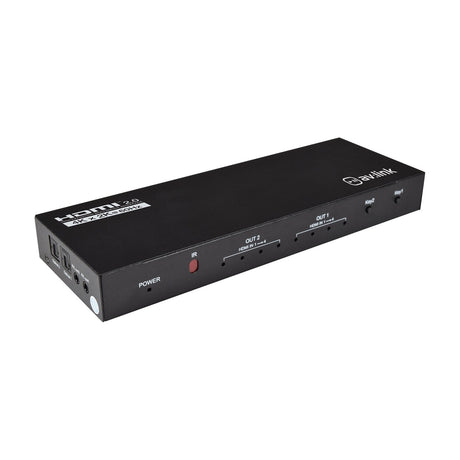 AV:Link 4K HDMI 2.0 Matrix 4 x 2 switch in black metal casing with front IR sensor, input indicators, Key1 and Key2 buttons, and side optical and 3.5mm outputs.