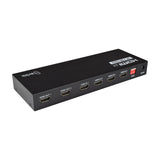 AV:Link 4K HDMI 2.0 Matrix 4 x 2 in matte black metal casing with four HDMI inputs, two HDMI outputs, EDID dip switches and DC power port.