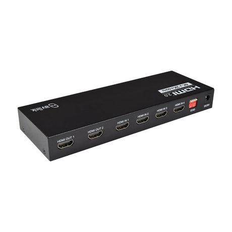 AV:Link 4K HDMI 2.0 Matrix 4 x 2 in matte black metal casing with four HDMI inputs, two HDMI outputs, EDID dip switches and DC power port.