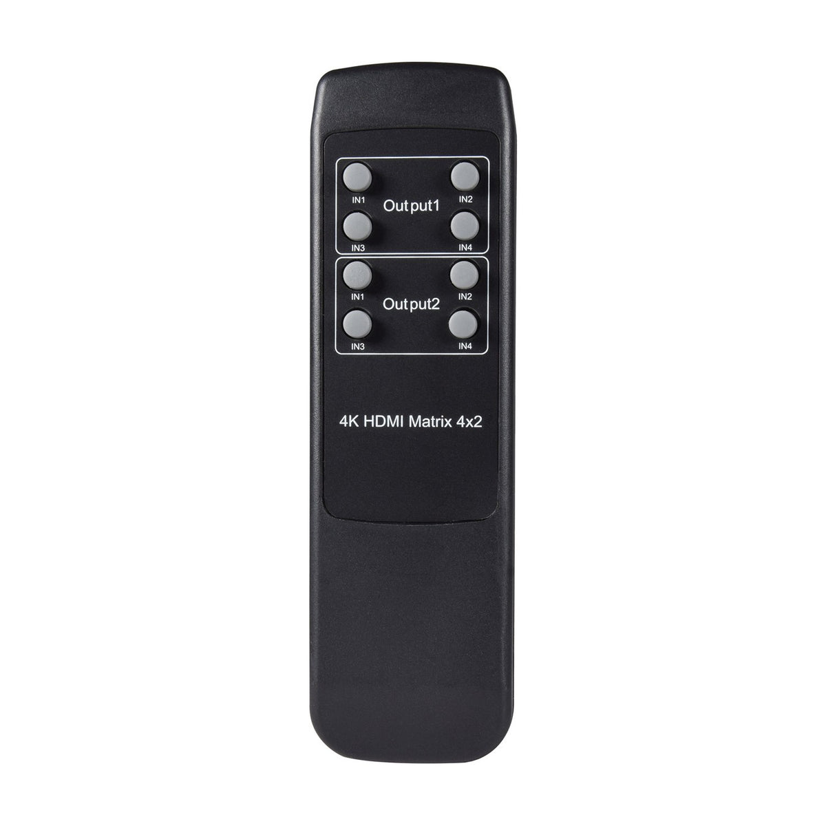 AV:Link 4K HDMI 2.0 Matrix 4x2 IR remote control with eight grey input selection buttons arranged under Output1 and Output2 labels on black casing.