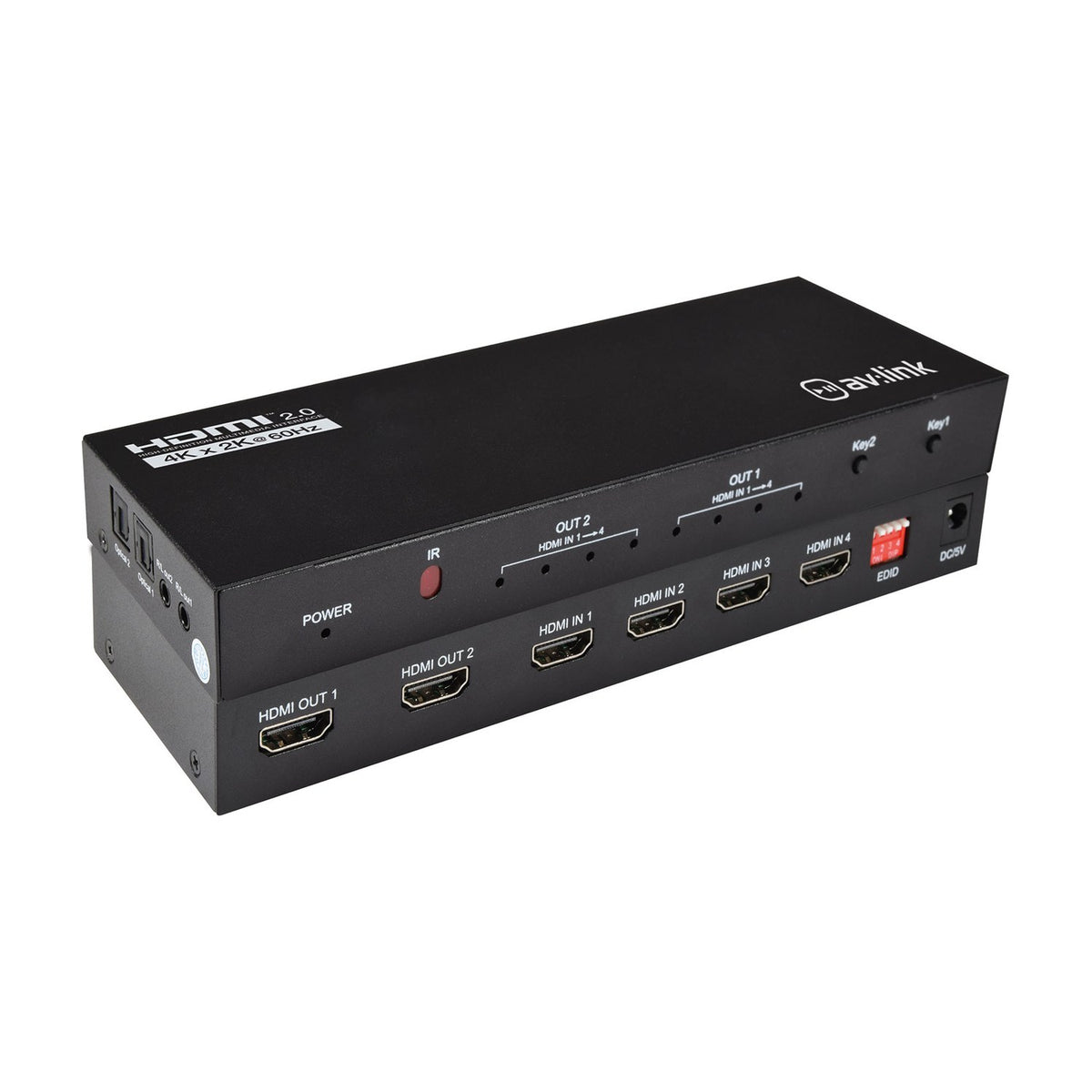 AV:Link 4K HDMI 2.0 Matrix 4 x 2 switch in black metal casing with four HDMI inputs, two HDMI outputs, optical and 3.5mm audio outs, and EDID controls.