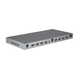 AV:Link 4x4 HDMI 2.0 matrix switch in grey metal casing with four HDMI inputs, four HDMI outputs, optical and coaxial audio ports, on a white background.