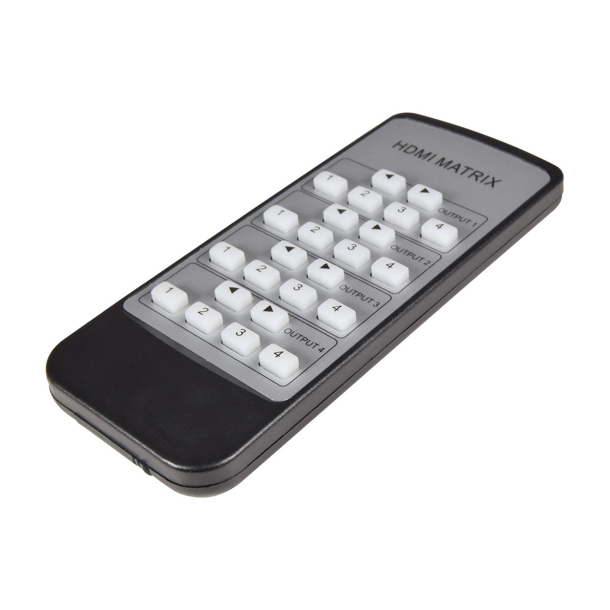Remote control for the AV:Link 4x4 HDMI Matrix Switch, black with grey button panel labelled Output 1-4, source buttons 1-4 and arrows, on a white background.