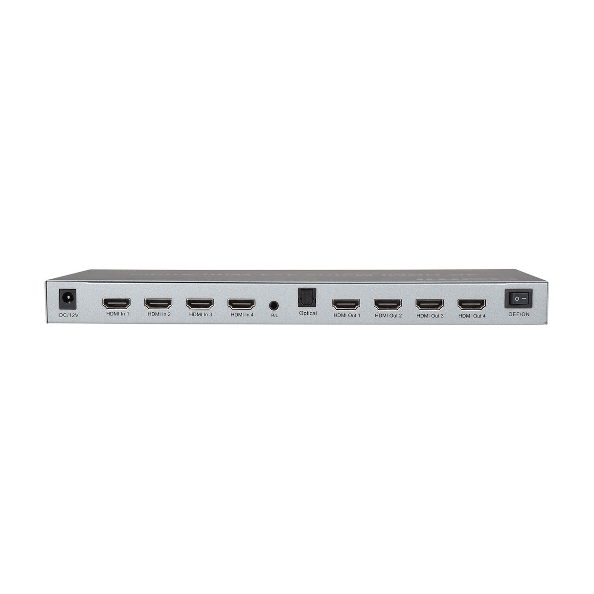 AV:Link 4x4 HDMI 2.0 matrix switch rear panel showing four HDMI inputs and outputs, optical audio port, DC power socket and power switch on silver casing.