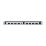 AV:Link 4x4 HDMI 2.0 matrix switch rear panel showing four HDMI inputs and outputs, optical audio port, DC power socket and power switch on silver casing.