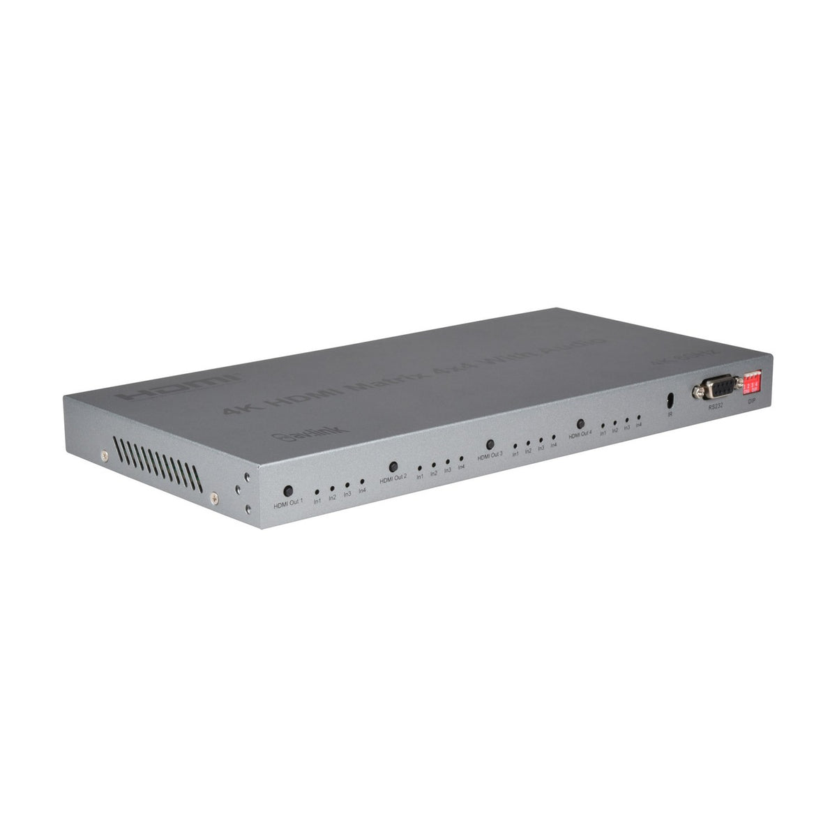 AV:Link 4K HDMI 2.0 Matrix 4x4 switch in grey metal casing with front panel input/output buttons, LED indicators, and RS232 port, shown on white background.
