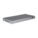 AV:Link 4K HDMI 2.0 Matrix 4x4 switch in grey metal casing with front panel input/output buttons, LED indicators, and RS232 port, shown on white background.
