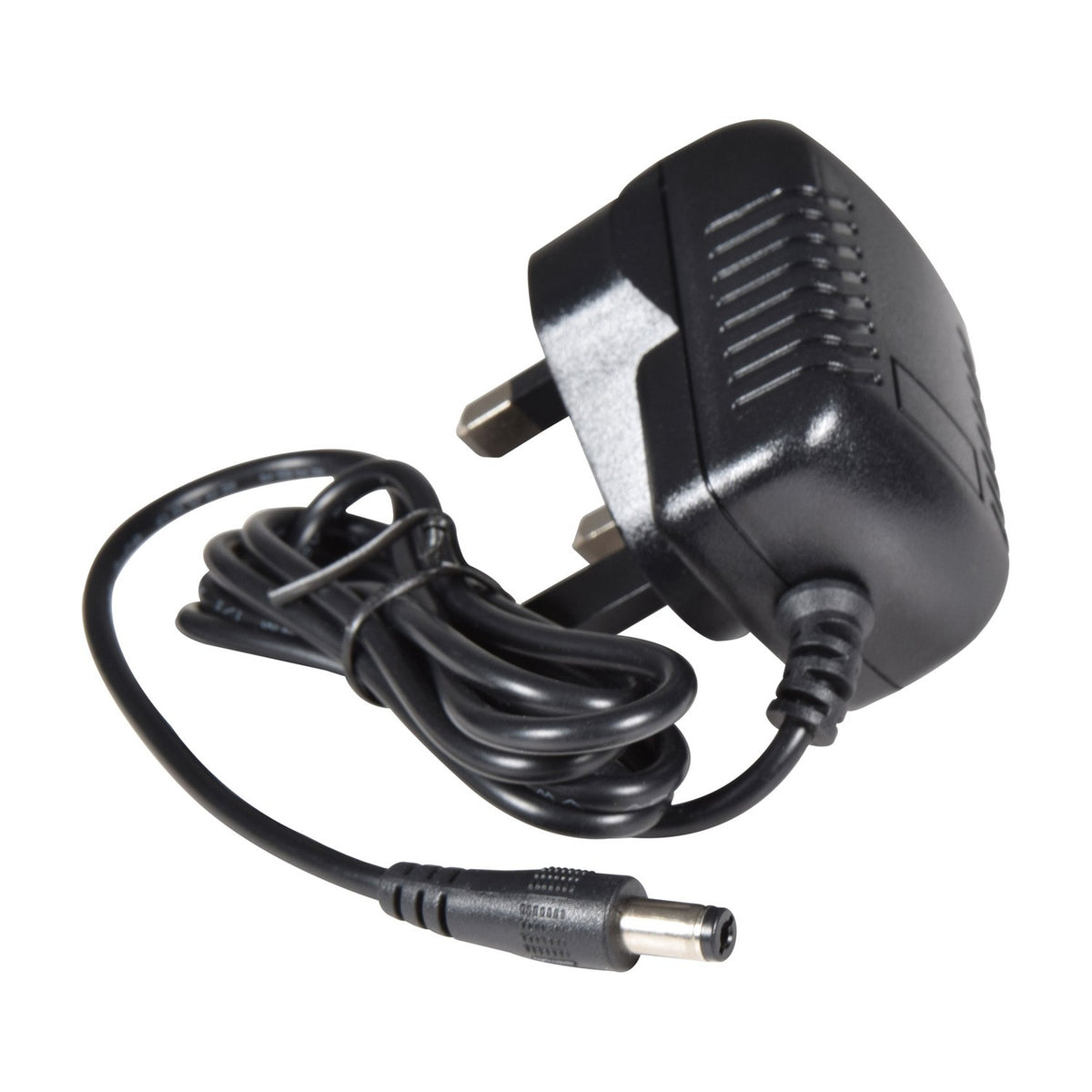 Black mains plug power adapter with coiled cable and barrel connector, shown on a plain white background.