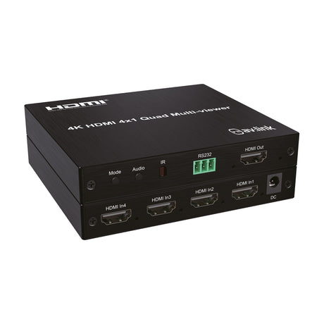 AV:Link HDMV-41 4K HDMI 4x1 quad multi-viewer switch in brushed black metal, showing Mode and Audio buttons, IR, RS232, HDMI out and four HDMI inputs.