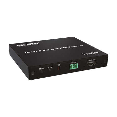 AV:Link HDMV-41 4K HDMI 4x1 quad multi-viewer switch in brushed black metal, front panel showing Mode and Audio buttons, IR sensor, RS232 port and HDMI output.