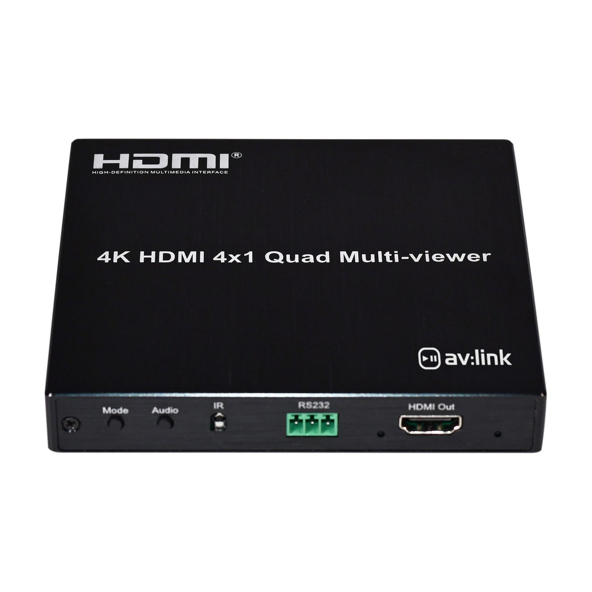 AV:Link HDMV-41 4K HDMI 4x1 multi-viewer switch in brushed black metal, front panel with Mode and Audio buttons, IR, RS232 terminal and HDMI output.