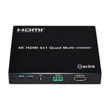 AV:Link HDMV-41 4K HDMI 4x1 multi-viewer switch in brushed black metal, front panel with Mode and Audio buttons, IR, RS232 terminal and HDMI output.