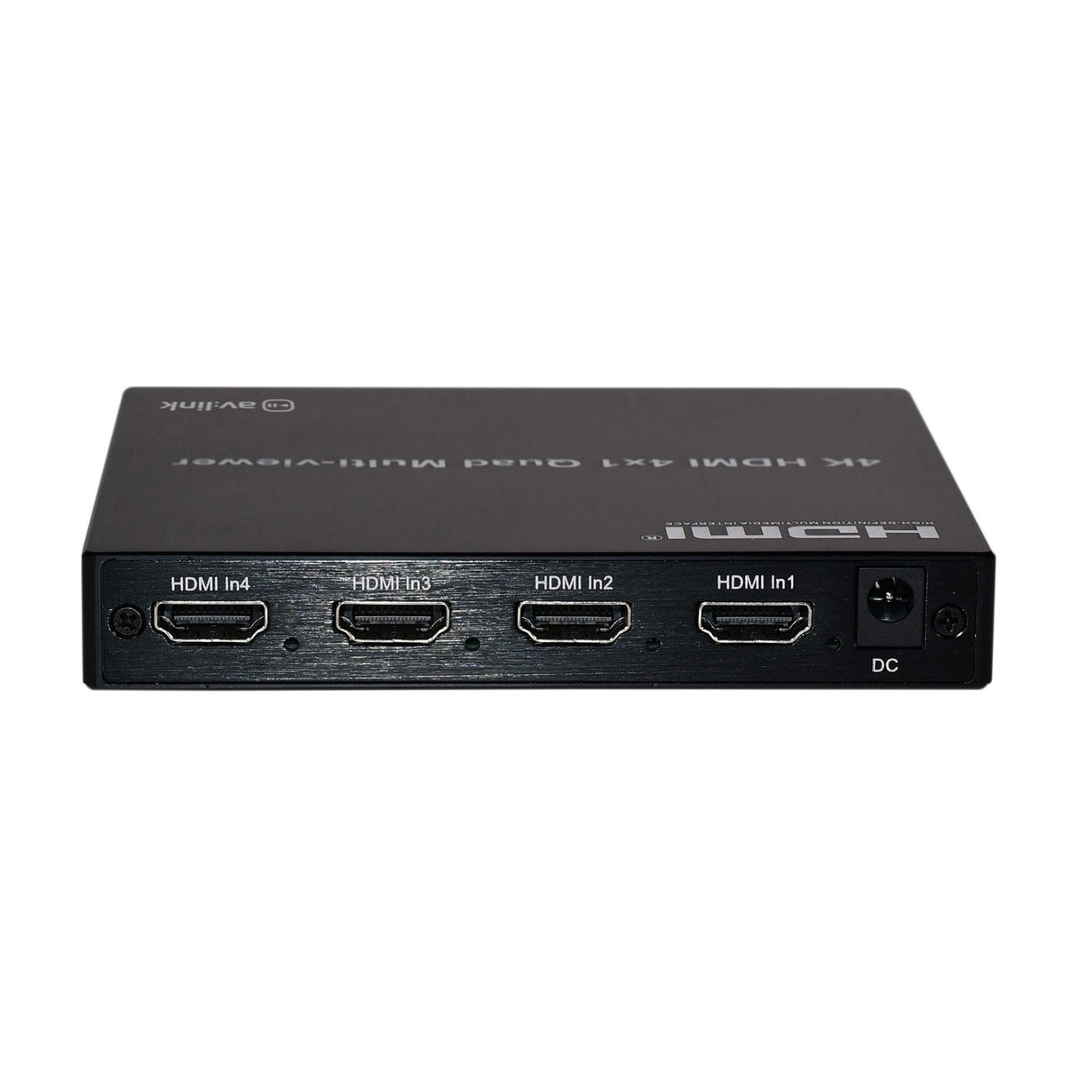 AV:Link HDMV-41 4K HDMI multi-viewer switch showing rear panel with four HDMI input ports and DC power socket in brushed black metal casing.