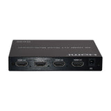 AV:Link HDMV-41 4K HDMI multi-viewer switch showing rear panel with four HDMI input ports and DC power socket in brushed black metal casing.