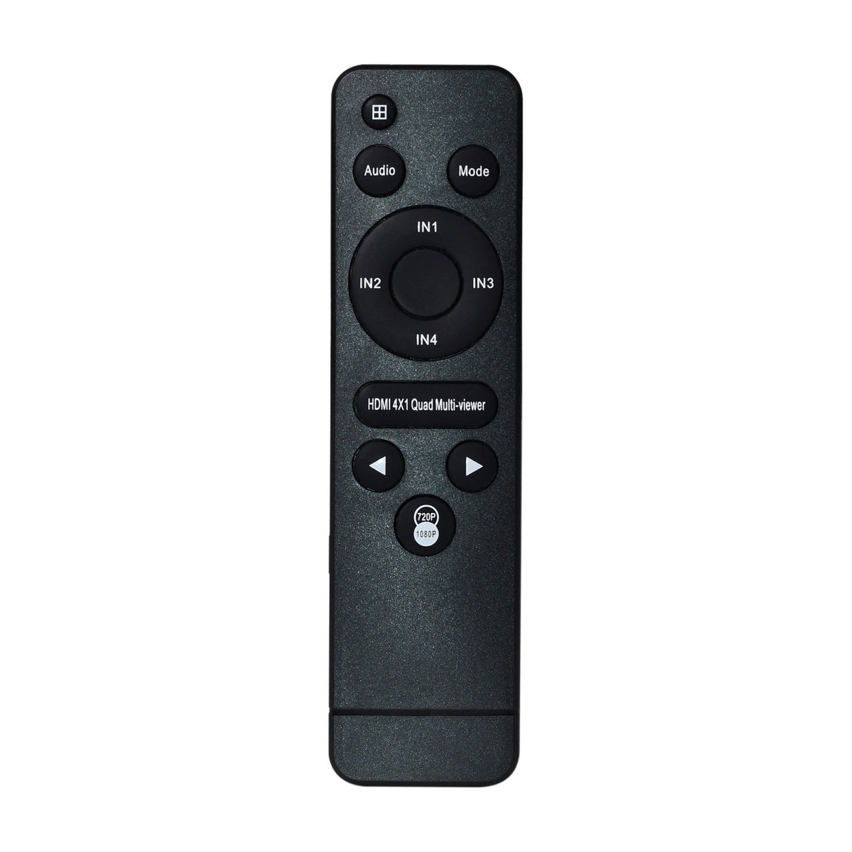 AV:Link HDMV-41 4K HDMI multi-viewer IR remote in matte black with quad-view, Audio, Mode, IN1–IN4 pad, arrows and 720P/1080P button.