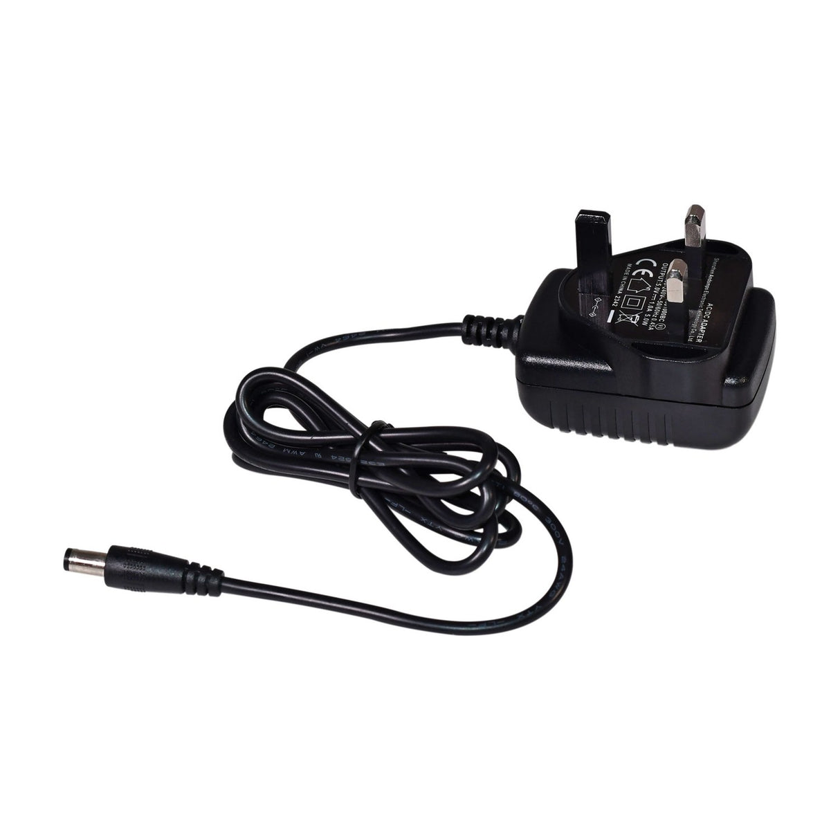 Black UK three-pin power adaptor with coiled cable and DC barrel connector, supplied with the AV:Link HDMV-41 4K HDMI multi-viewer switch.