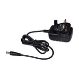 Black UK three-pin power adaptor with coiled cable and DC barrel connector, supplied with the AV:Link HDMV-41 4K HDMI multi-viewer switch.