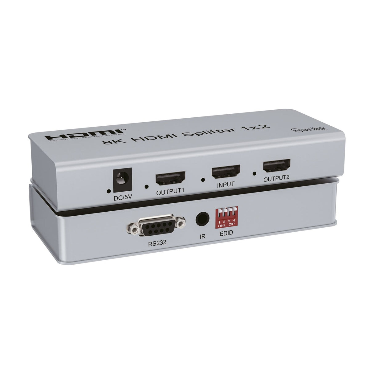 AV:Link 4KS12 8K HDMI Splitter 1x2 in satin silver, showing DC input, HDMI output and input ports, RS232 connector, IR port and EDID dip switches.