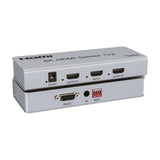 AV:Link 4KS12 8K HDMI Splitter 1x2 in satin silver, showing DC input, HDMI output and input ports, RS232 connector, IR port and EDID dip switches.