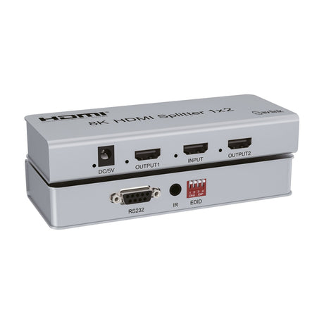 AV:Link 4KS12 8K HDMI Splitter 1x2 in satin silver, showing DC input, HDMI output and input ports, RS232 connector, IR port and EDID dip switches.