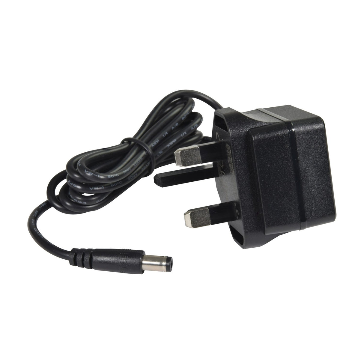 Black UK three-pin plug power adapter with coiled cable and DC barrel connector, shown on a plain white background.