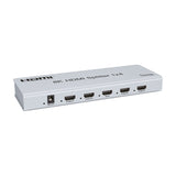 AV:Link 4KS14 8K HDMI 1x4 splitter in satin silver, showing DC power inlet, one HDMI input and four HDMI outputs along the front edge.