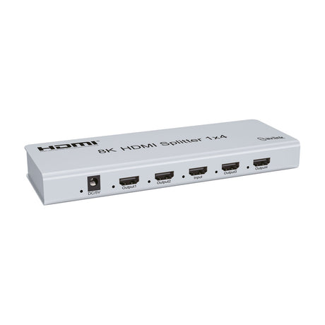 AV:Link 4KS14 8K HDMI 1x4 splitter in satin silver, showing DC power inlet, one HDMI input and four HDMI outputs along the front edge.