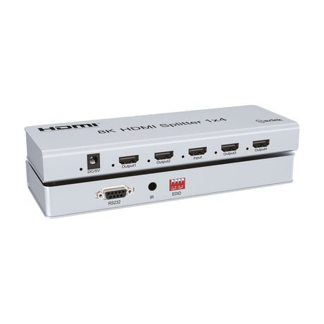 AV:Link 4KS14 8K HDMI 1x4 splitter in satin silver, showing HDMI input and four outputs, DC power, RS232, IR and EDID dip switches on a white background.