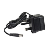 Black UK three-pin mains power adapter with coiled cable and DC barrel connector, accessory for the AV:Link 4KS14 8K HDMI splitter, on white.
