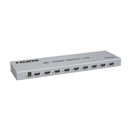 AV:Link 4KS18 8K HDMI Splitter 1x8 in satin silver, showing DC power input, eight HDMI outputs and central HDMI input, on a white background.