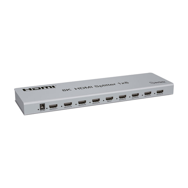 AV:Link 4KS18 8K HDMI Splitter 1x8 in satin silver, showing DC power input, eight HDMI outputs and central HDMI input, on a white background.