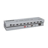 AV:Link 4KS18 8K HDMI splitter in satin silver metal casing, showing eight HDMI outputs, one input, EDID dip switch, IR, RS232 port, reset and power switch.