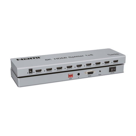 AV:Link 4KS18 8K HDMI splitter in satin silver metal casing, showing eight HDMI outputs, one input, EDID dip switch, IR, RS232 port, reset and power switch.