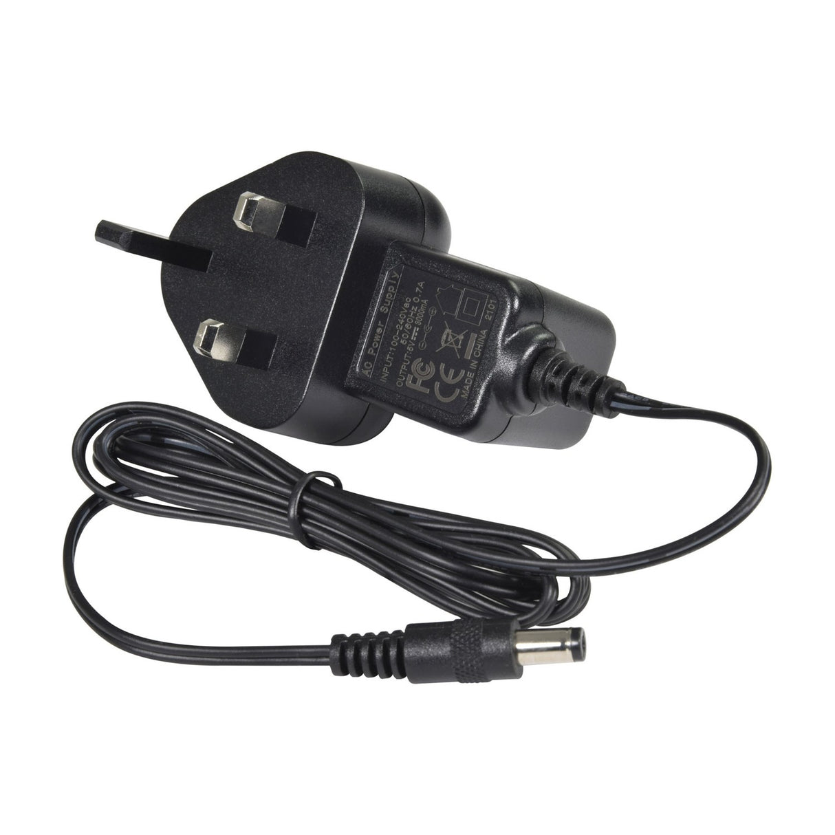Black UK three-pin plug power adapter with coiled cable and DC barrel connector, included with the AV:Link 4KS18 8K HDMI splitter, on a white background.