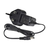 Black UK three-pin plug power adapter with coiled cable and DC barrel connector, included with the AV:Link 4KS18 8K HDMI splitter, on a white background.