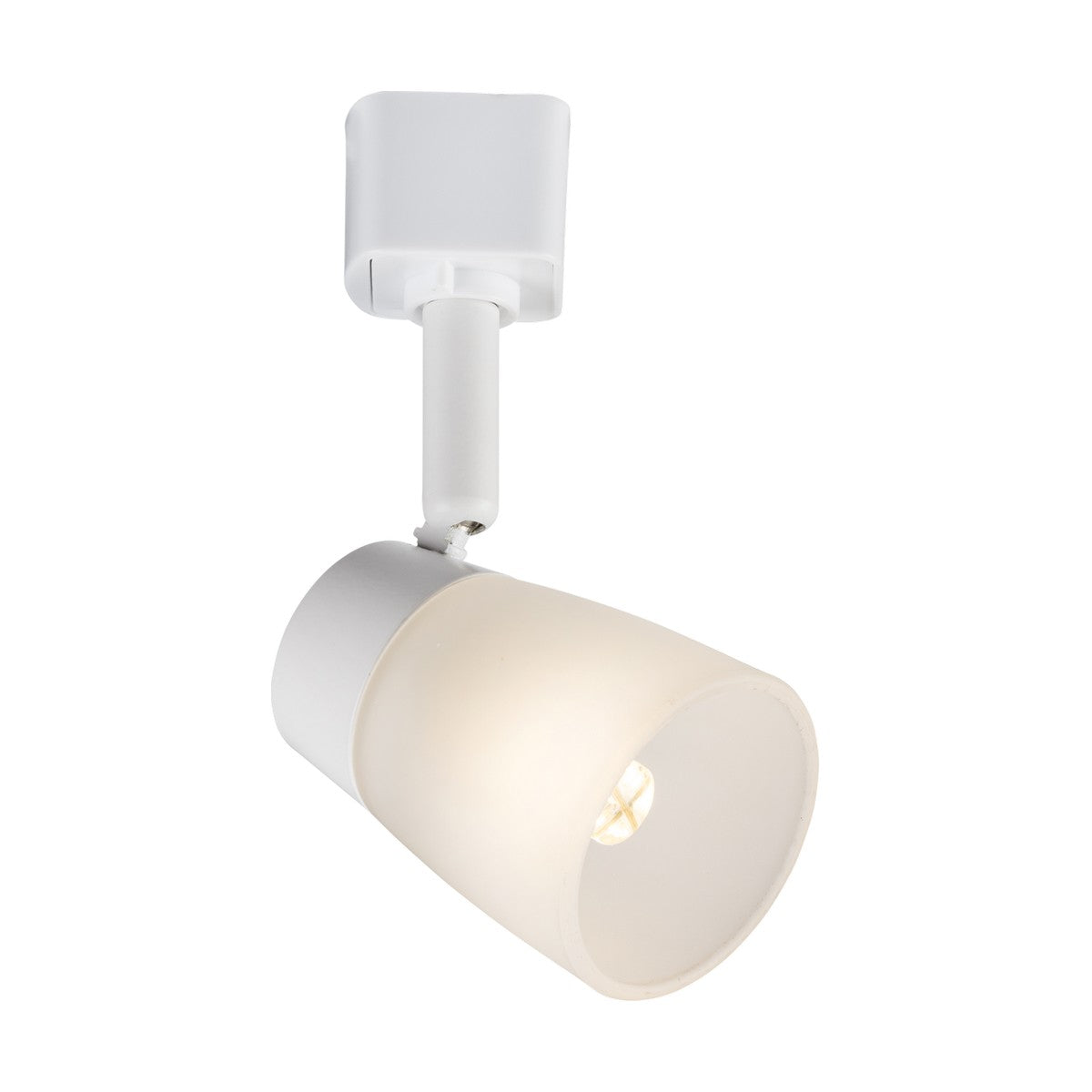 Close-up of the G9 Track Spotlight in white, featuring a modern design with a frosted glass shade. The dimmable GU10 lamps are mounted on the ceiling, providing a sleek and contemporary style to interior spaces.