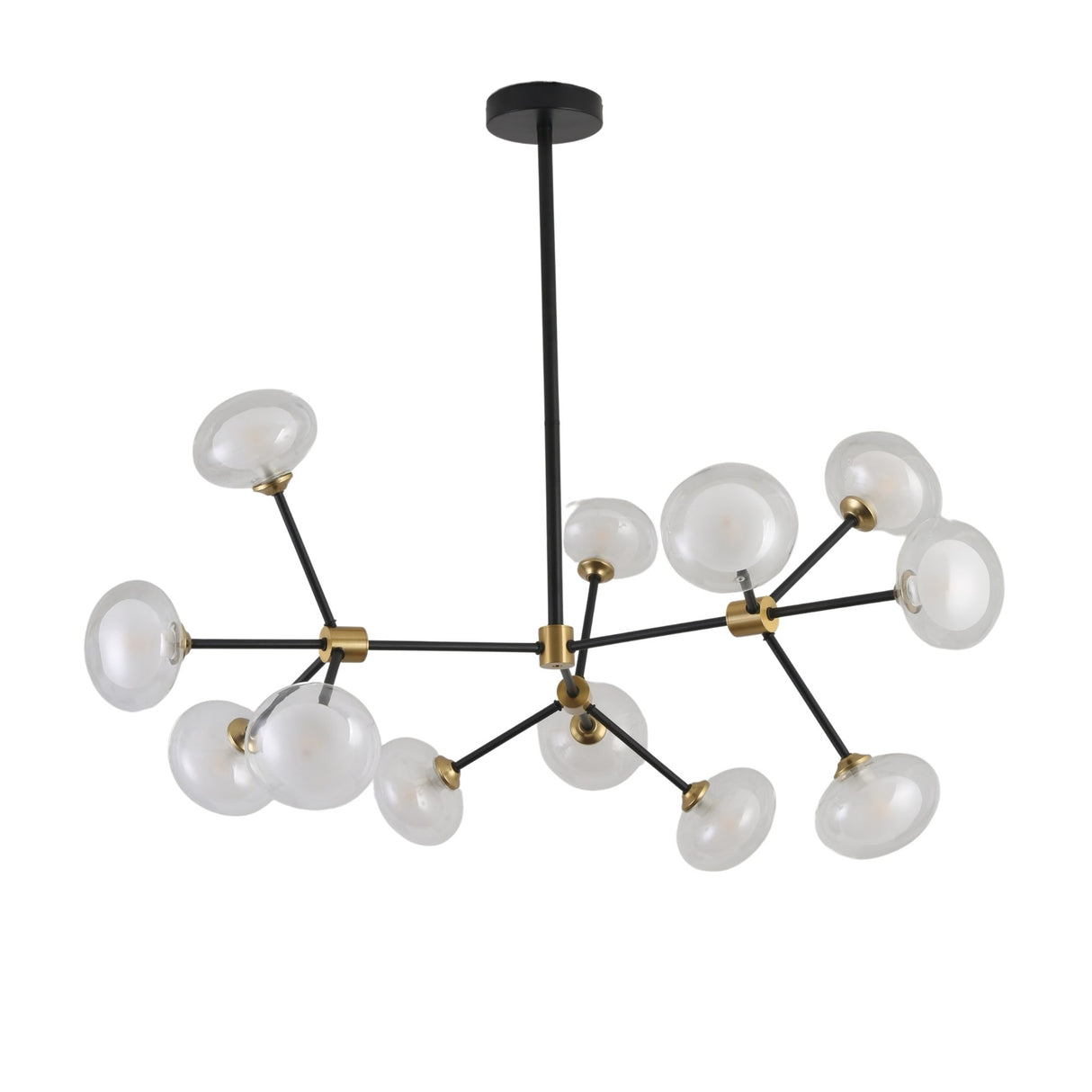 The Galaxy 12 Light Chandelier - Black & White showcases a modern starburst design with a black metal frame, frosted glass globes, and brass accents, making it ideal for contemporary interiors.