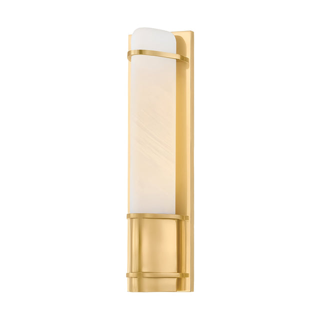 The Averna LED Small Framed Alabaster Wall Light in soft white and brushed brass features a modern design with a vertical alabaster shade, making it an elegant accent to elevate your indoor lighting.
