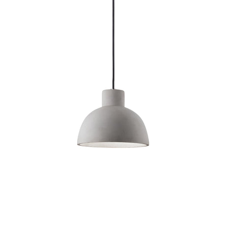 The Rove-5 1 Light Pendant in gray, featuring a minimalist dome-shaped shade and a concrete diffuser, is suspended from a slender black cord against a white background. Its simple design highlights modern elegance and industrial functionality.