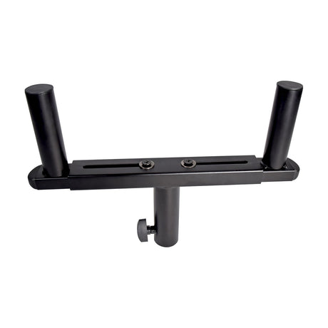 QTX adjustable 35mm T-bar speaker stand adapter in black steel with two mounting poles and central locking knob, shown on a plain white background.