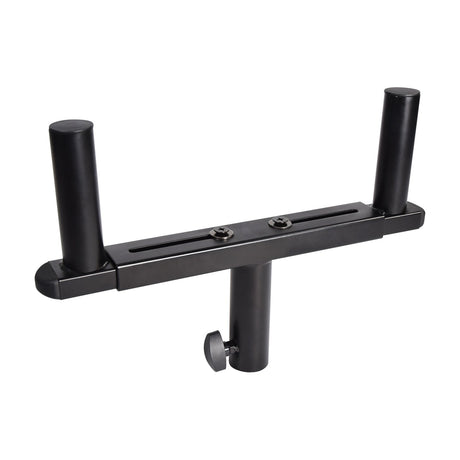 QTX adjustable 35mm T-bar speaker stand adapter in black steel with two mounting poles, central slot with adjustment screws, and thumbscrew collar.