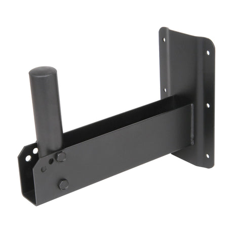 QTX adjustable speaker wall bracket mount in matte black steel with 35mm pole, bolted arm and pre-drilled wall plate, shown on a plain white background.