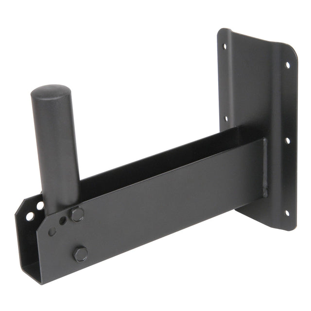 The QTX Speaker Wall Bracket (Vertical Adjustment) is a black metal mount designed to support an outdoor antenna. It includes a cylindrical post on one side and features an adjustable flat base with multiple holes, allowing for secure wall attachment and versatile mounting options, similar to a speaker bracket.